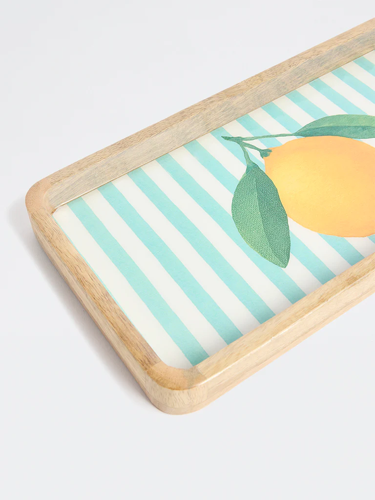 Westside Home Blue and Yellow Lemon Design Wooden Serving Tray - Image 3