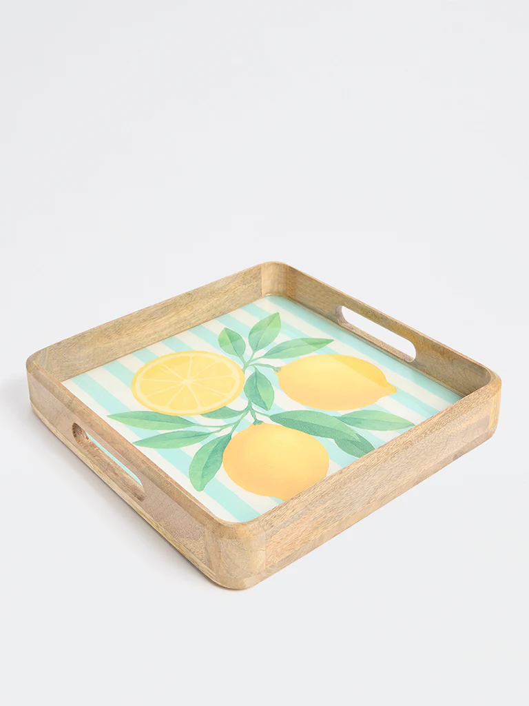 Westside Home Blue and Yellow Lemon Design Wooden Serving Tray - Image 2