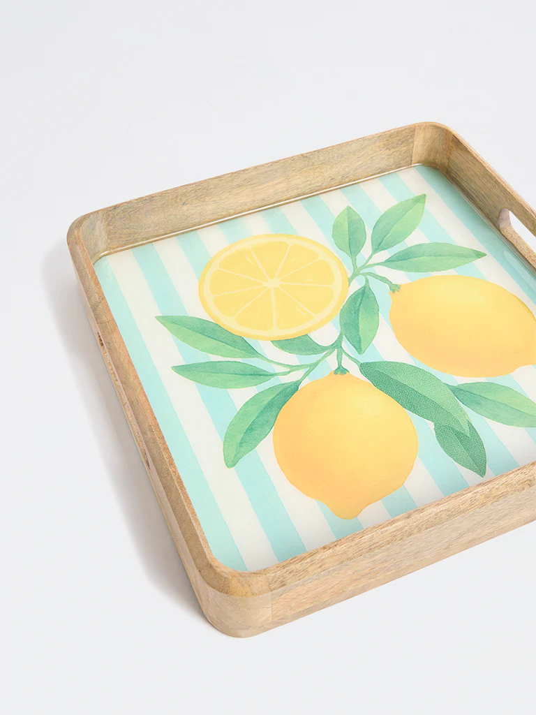 Westside Home Blue and Yellow Lemon Design Wooden Serving Tray - Image 3