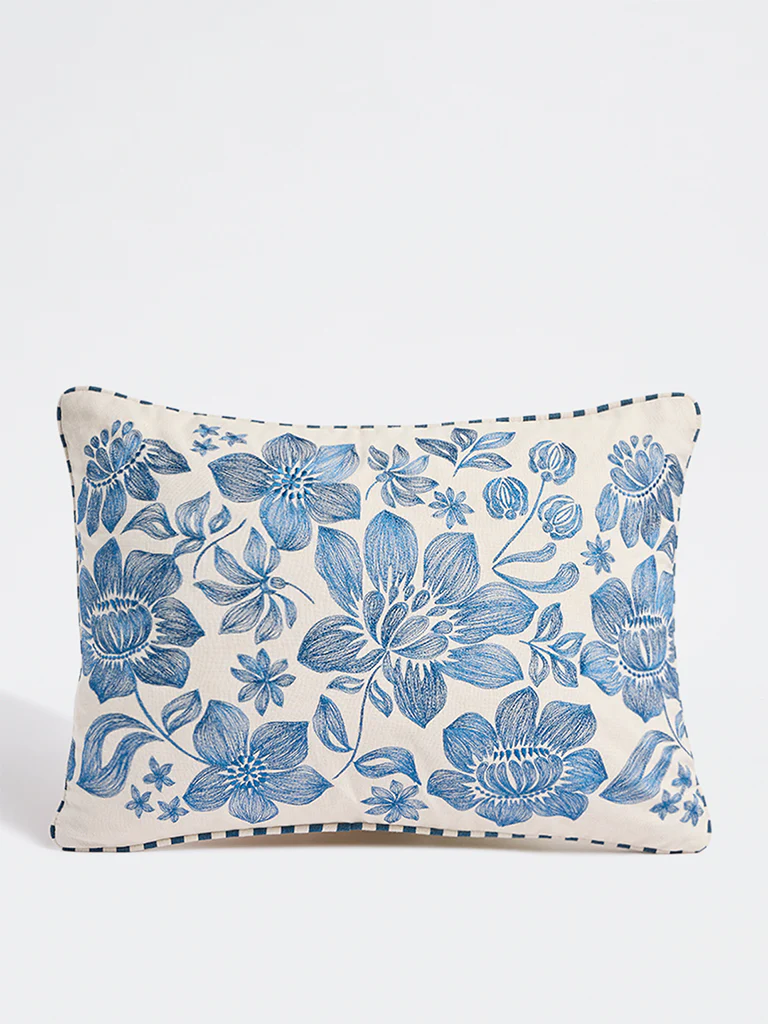Westside Home Blue Floral Embroidered Cushion Cover - Image 2