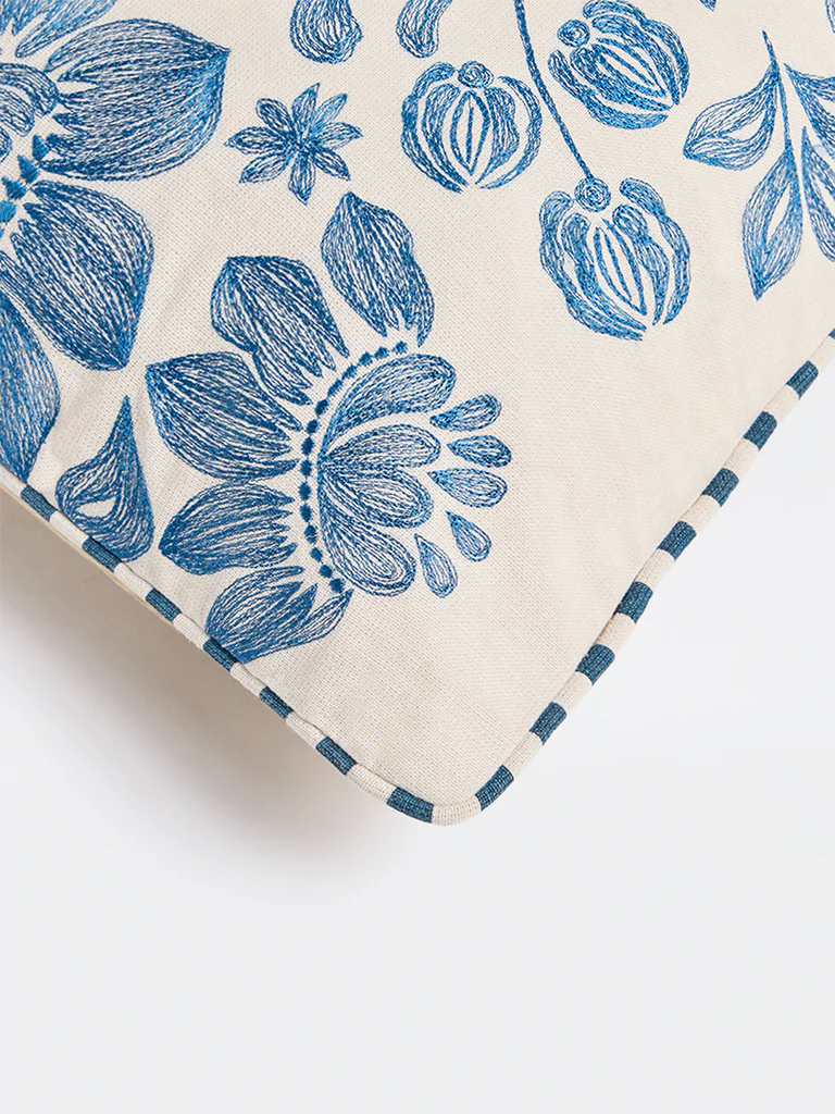 Westside Home Blue Floral Embroidered Cushion Cover - Image 4
