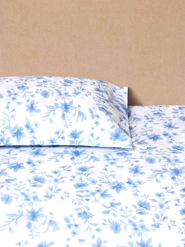 Westside Home Blue Floral Printed King Bed Sheet Set - Image 2