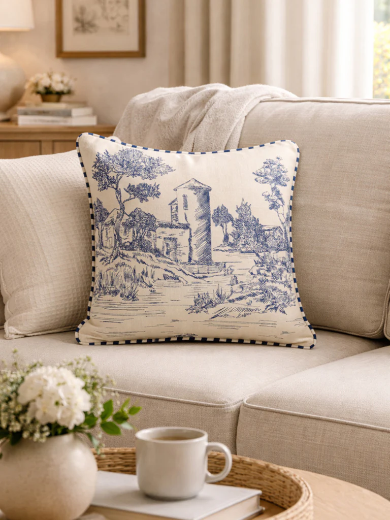 Westside Home Blue Toile-Printed Cushion Cover