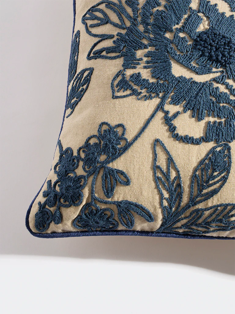 Westside Home Dark Blue Floral Embroidered Cushion Cover - Image 4
