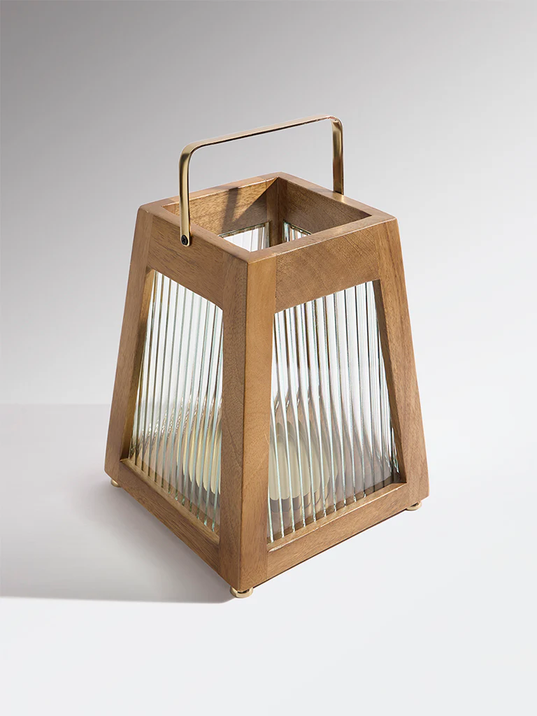 Westside Home Dark Brown Ribbed-Textured Wooden Lantern - Image 2