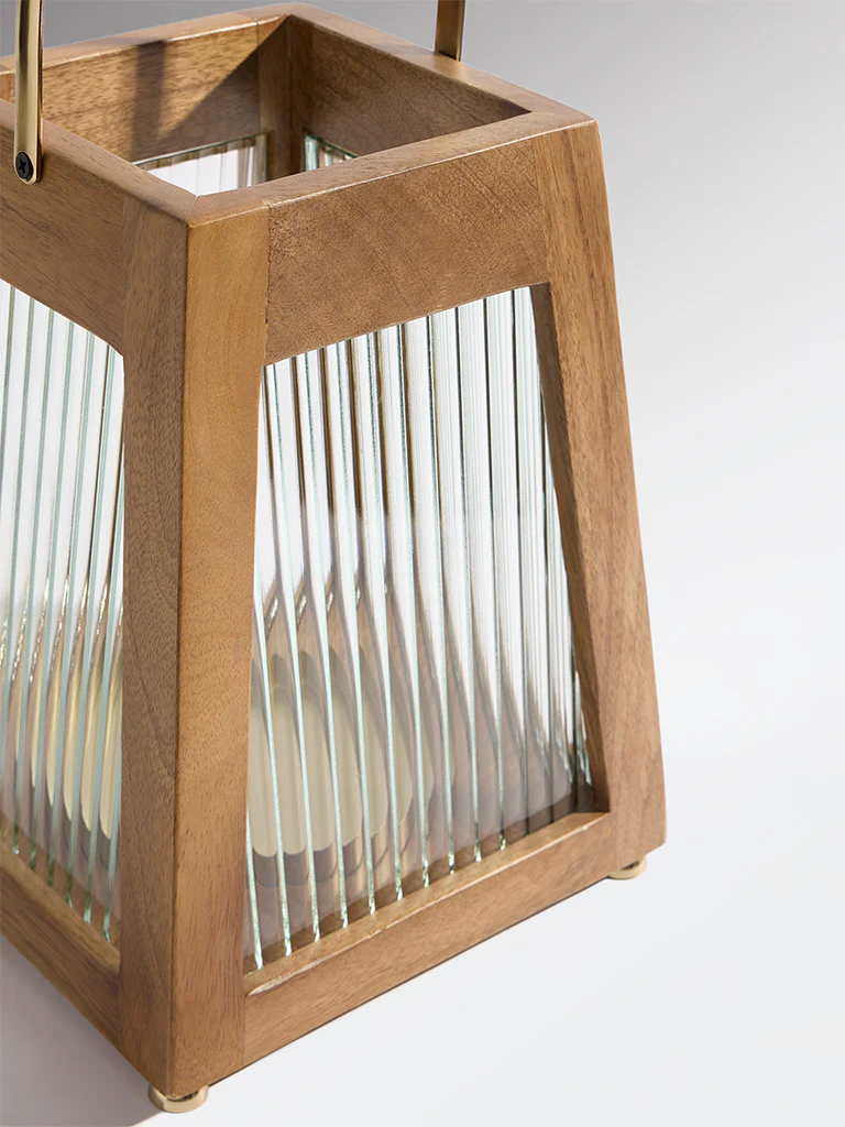 Westside Home Dark Brown Ribbed-Textured Wooden Lantern - Image 3