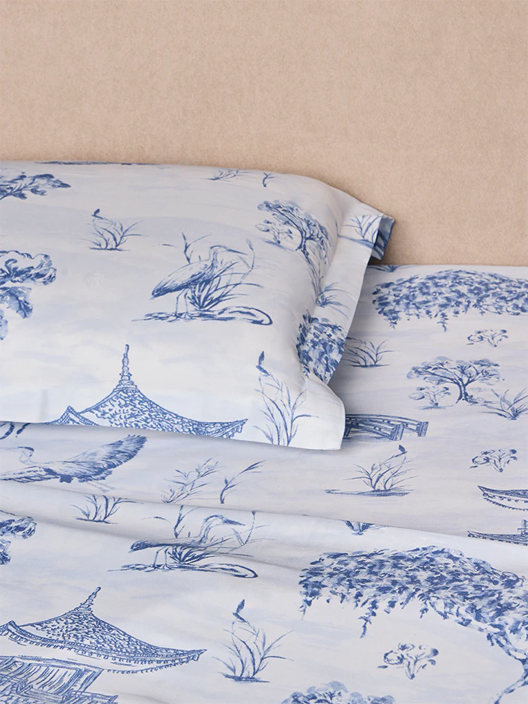 Westside Home Dusty Blue Toile Printed King Bed Sheet Set