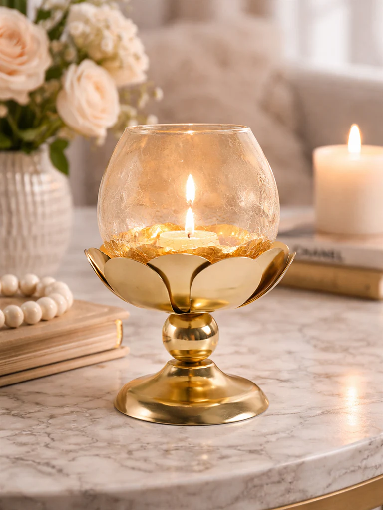 Westside Home Gold Lotus with Glass Tealight Candle Holder