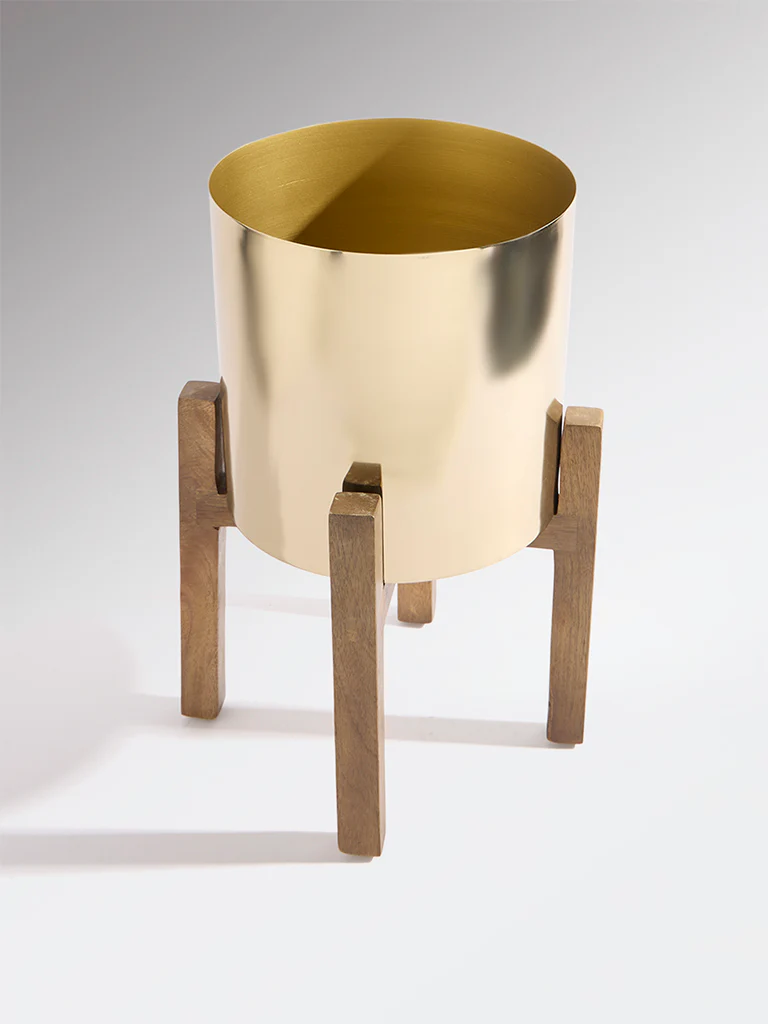Westside Home Gold Metal Pot on Wooden Stand - Medium