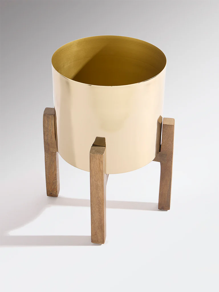 Westside Home Gold Metal Pot on Wooden Stand - Small