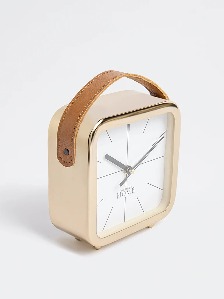 Westside Home Gold Square Clock with Leather Handle - Image 2