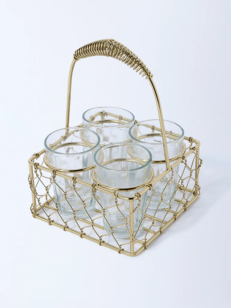 Westside Home Gold Wired Chai Caddy with Four Glasses