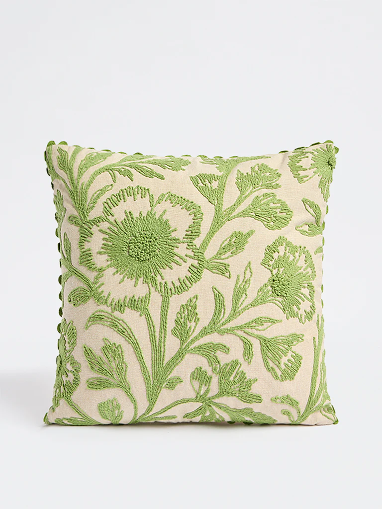 Westside Home Green Floral Embroidered Cushion Cover - Image 2
