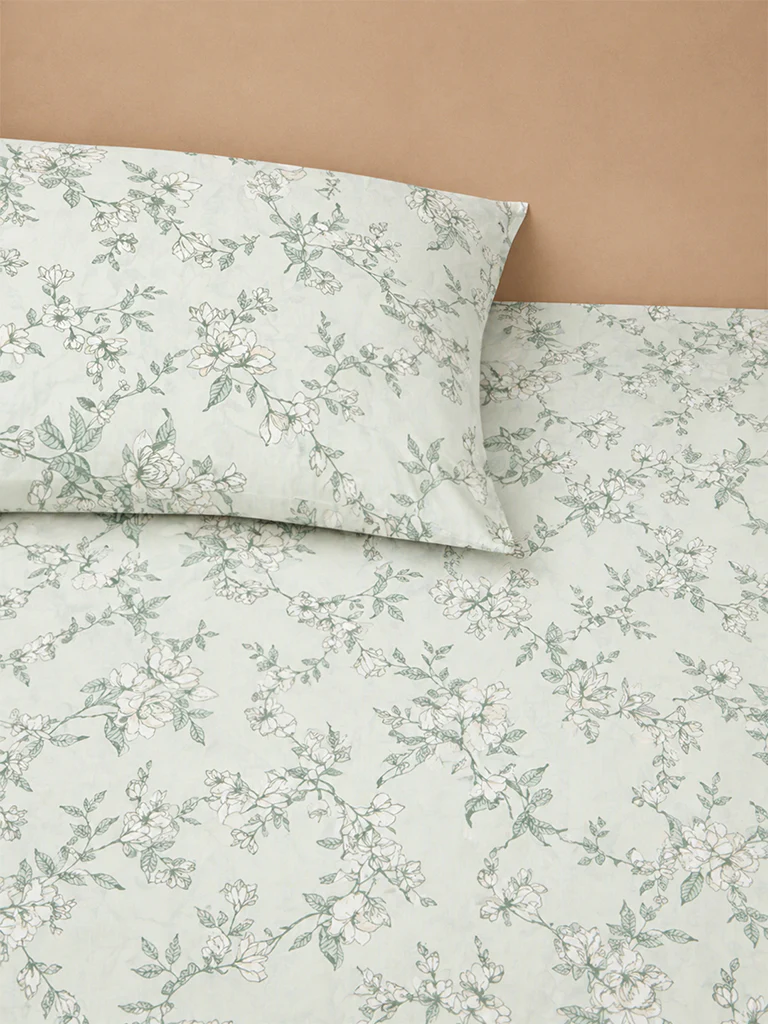 Westside Home Green Floral Printed Queen Bed Sheet Set - Image 2