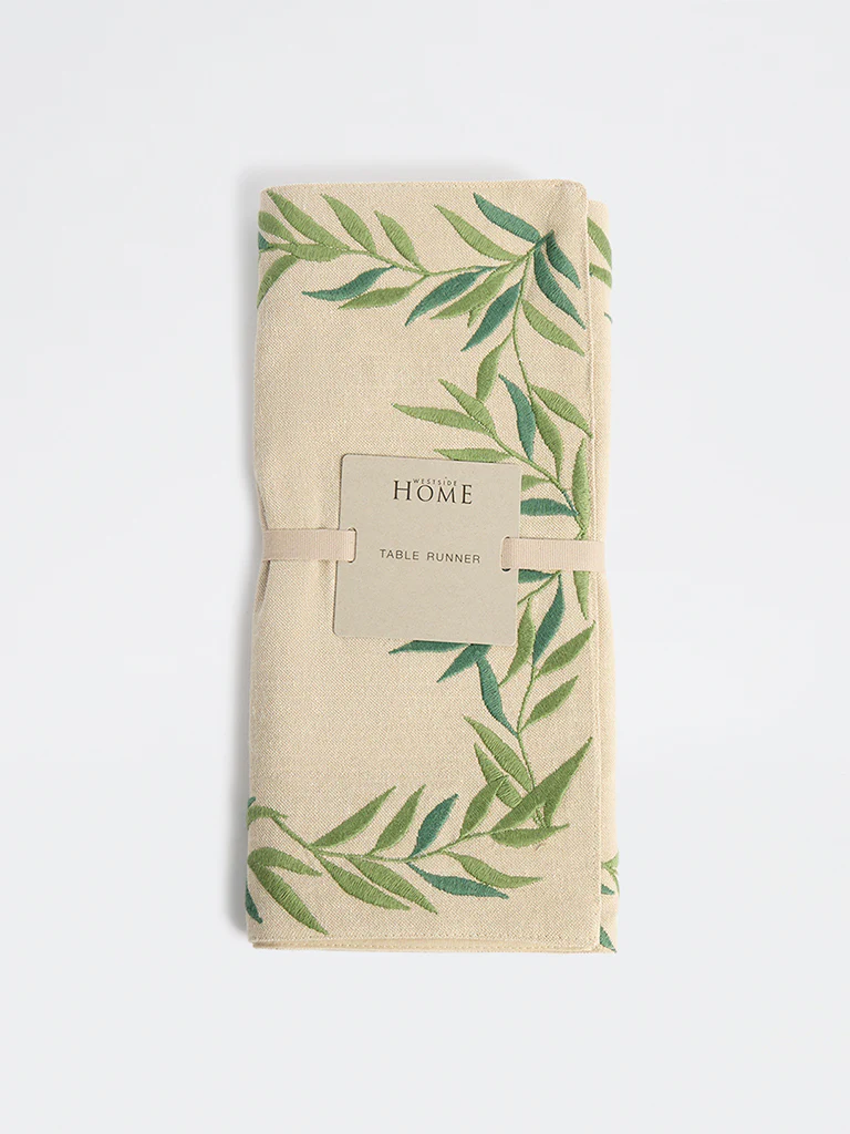Westside Home Green Foliage Embroidered Table Runner