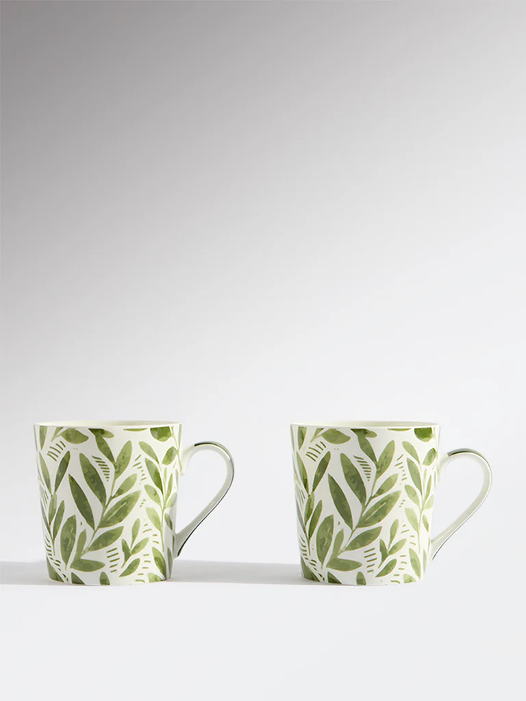 Westside Home Green Leaf Pattern Devonia Mugs (Set of 2)