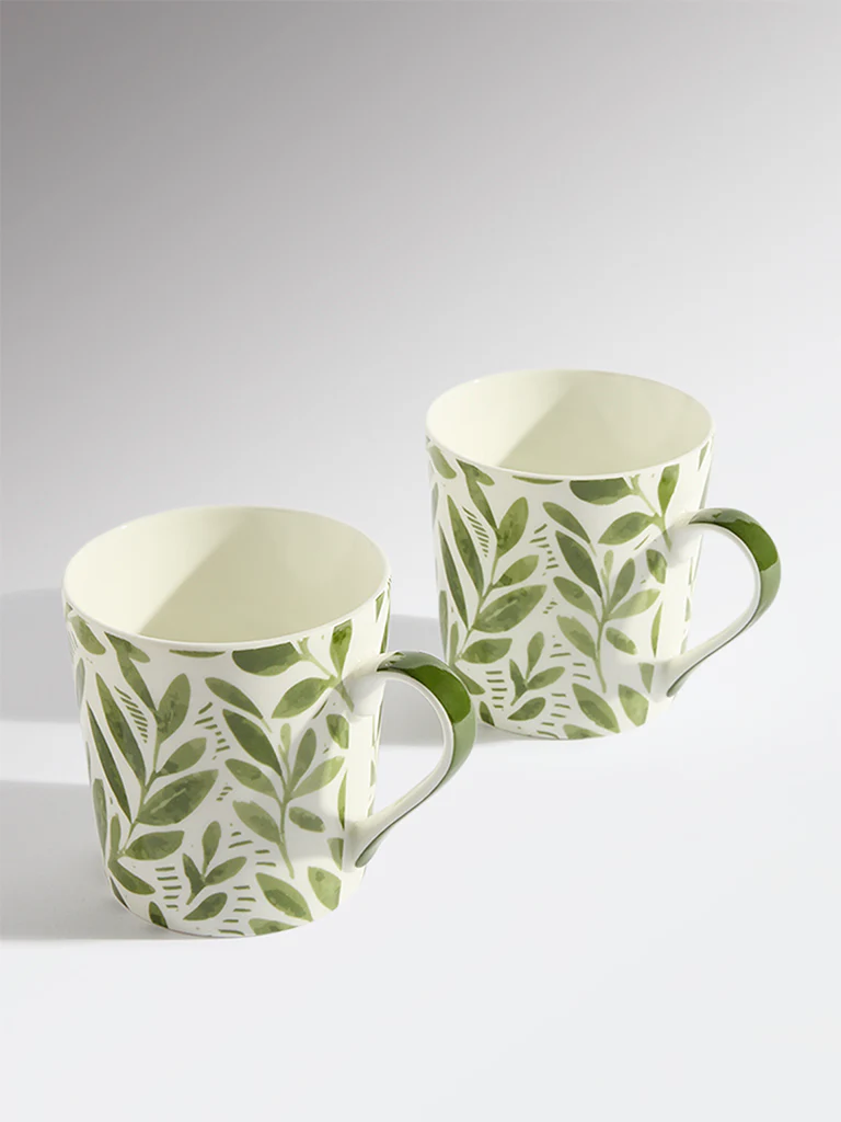 Westside Home Green Leaf Pattern Devonia Mugs (Set of 2) - Image 2