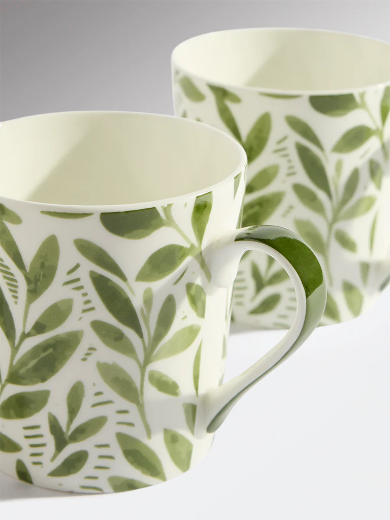Westside Home Green Leaf Pattern Devonia Mugs (Set of 2) - Image 3