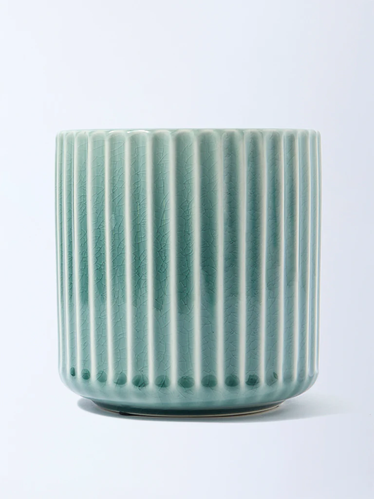 Westside Home Green Striped Ceramic Planter