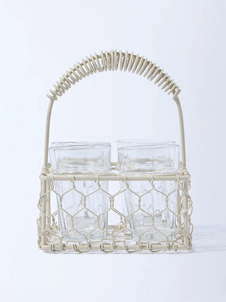 Westside Home Ivory Chai Caddy with Four Glasses