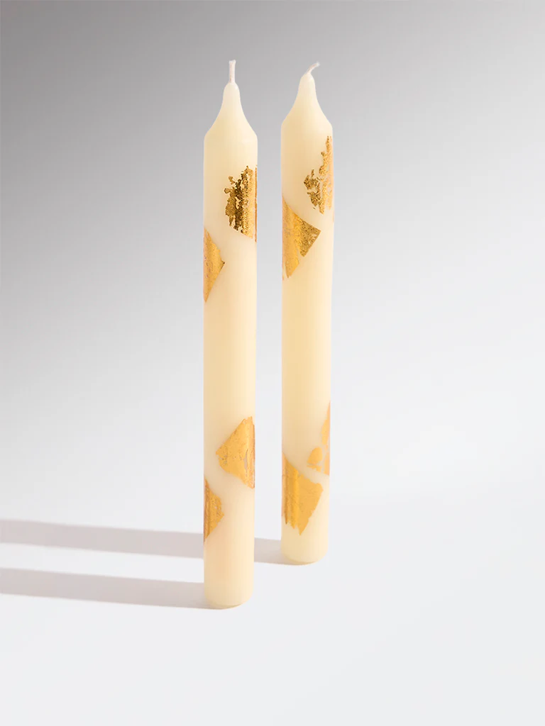 Westside Home Ivory Foil Detailed Tapered Candles (Set of 2)
