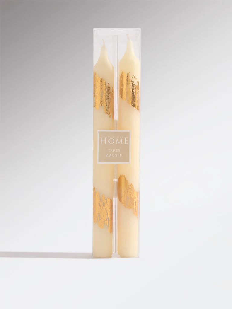Westside Home Ivory Foil Detailed Tapered Candles (Set of 2) - Image 2