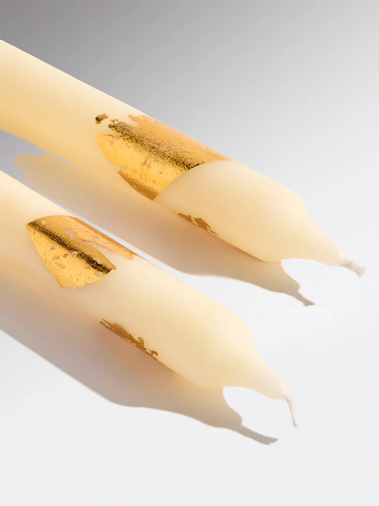 Westside Home Ivory Foil Detailed Tapered Candles (Set of 2) - Image 3