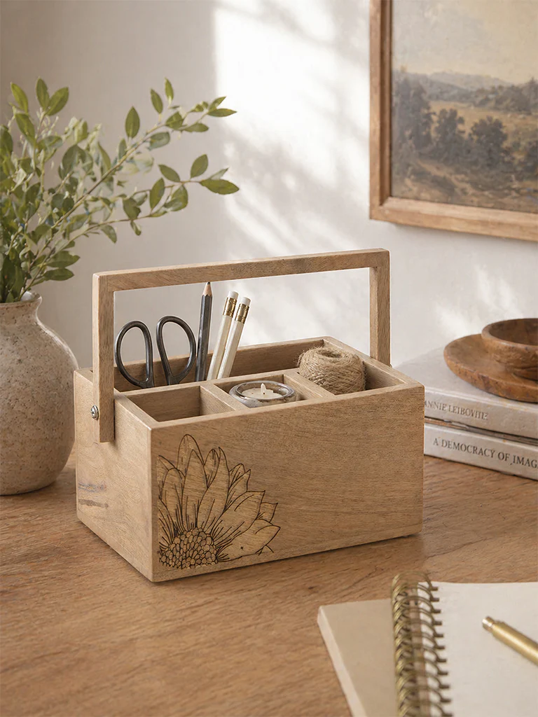 Westside Home Light Brown Sunflower Design Wooden Caddy