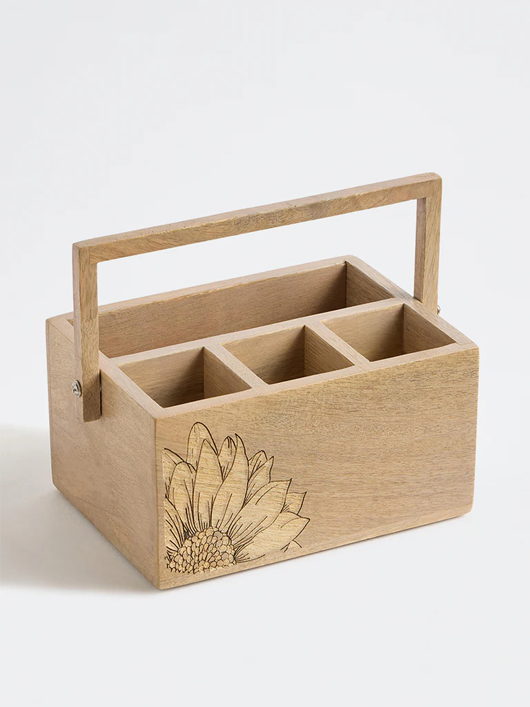 Westside Home Light Brown Sunflower Design Wooden Caddy - Image 3
