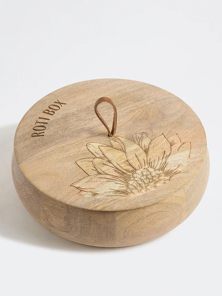 Westside Home Light Brown Sunflower Design Wooden Roti Box with Lid - Image 3