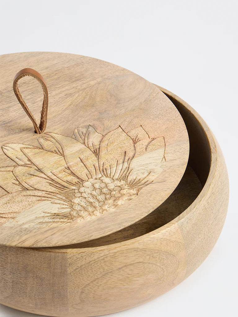 Westside Home Light Brown Sunflower Design Wooden Roti Box with Lid - Image 4