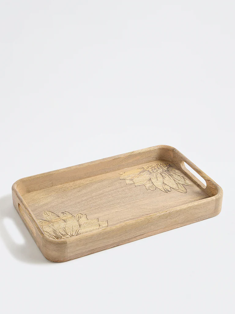 Westside Home Light Brown Sunflower Design Wooden Tray - Image 3