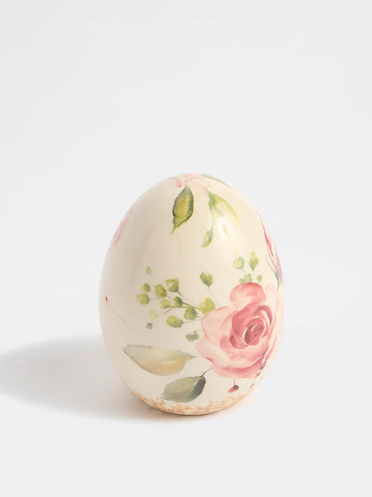 Westside Home Off-White Ceramic Floral Pattern Egg Decorative Object - Image 2