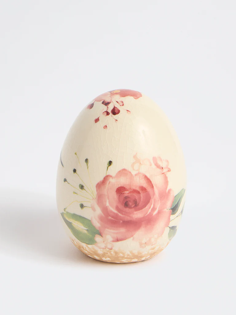 Westside Home Off-White Ceramic Floral Pattern Egg Decorative Object - Image 2