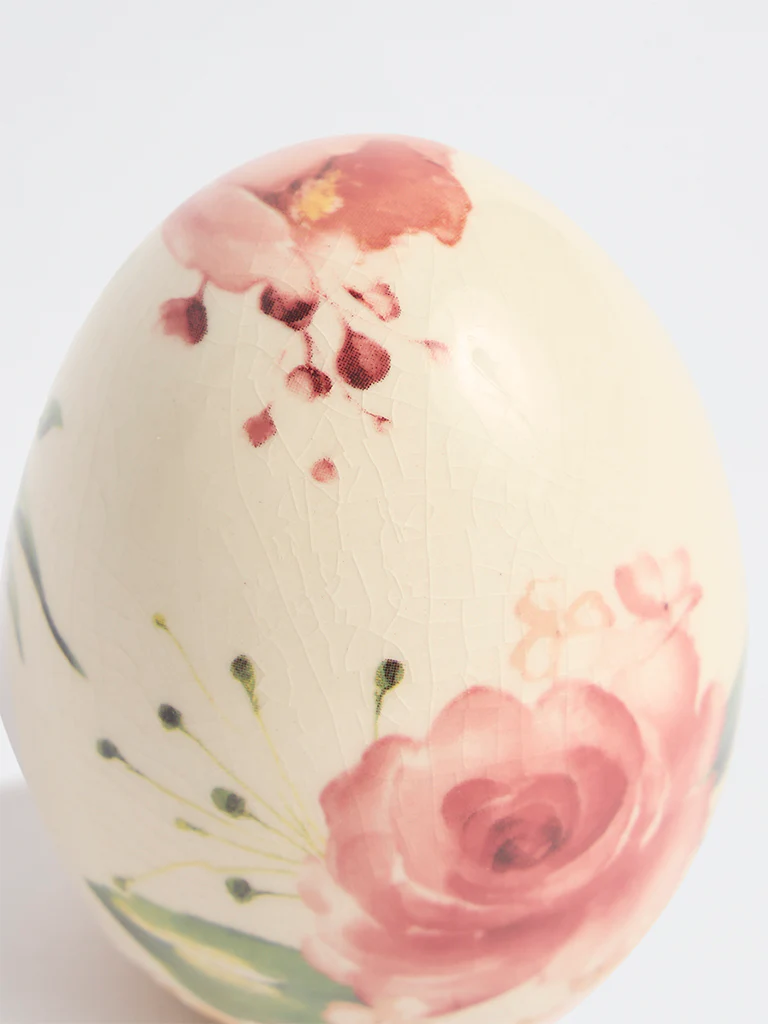 Westside Home Off-White Ceramic Floral Pattern Egg Decorative Object - Image 3
