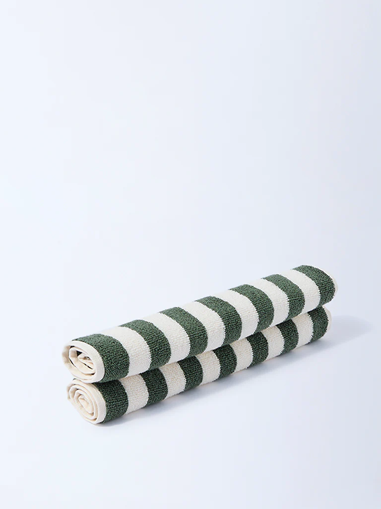 Westside Home Olive Stripe Pattern Face Towels (Set of 2) - Image 2