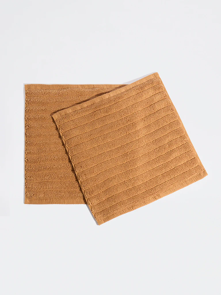 Westside Home Tan Self-Striped Face Towels (Set of 2) - Image 2