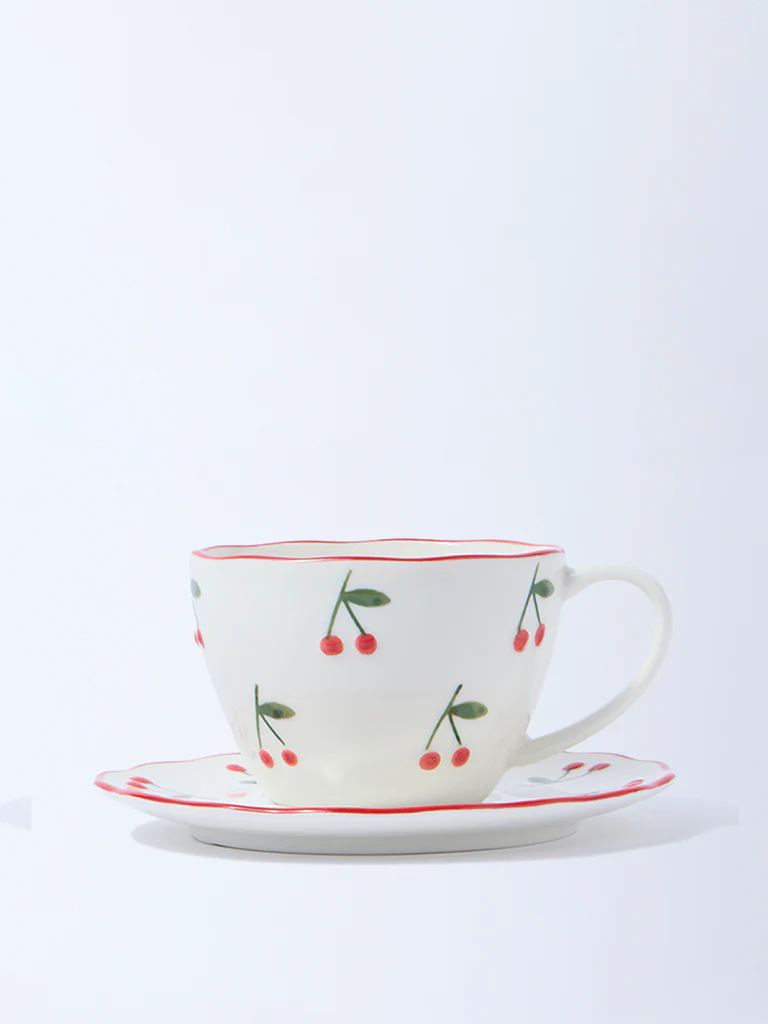 Westside Home White and Red Cherry Cup and Saucer