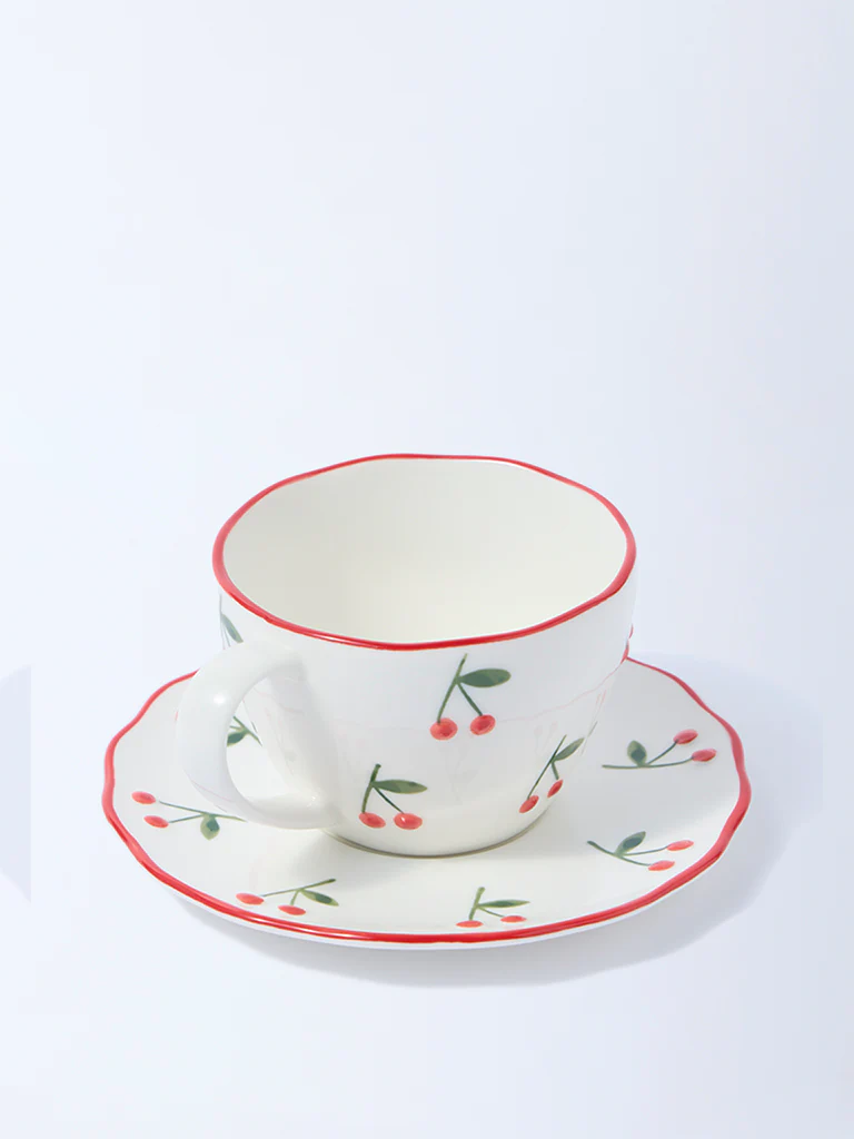 Westside Home White and Red Cherry Cup and Saucer - Image 2