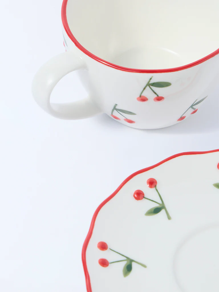 Westside Home White and Red Cherry Cup and Saucer - Image 3