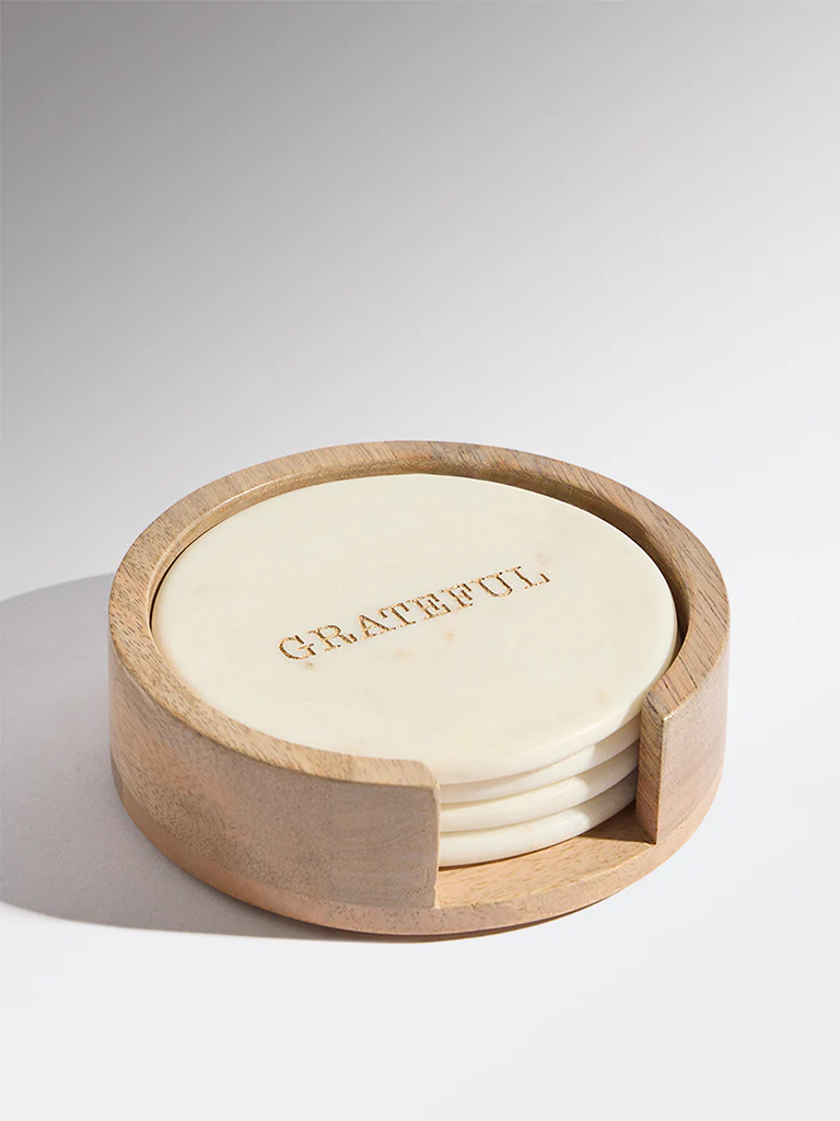 Westside Home White Typographic Marble Coaster with Wooden Holder (Set of 4) - Image 3