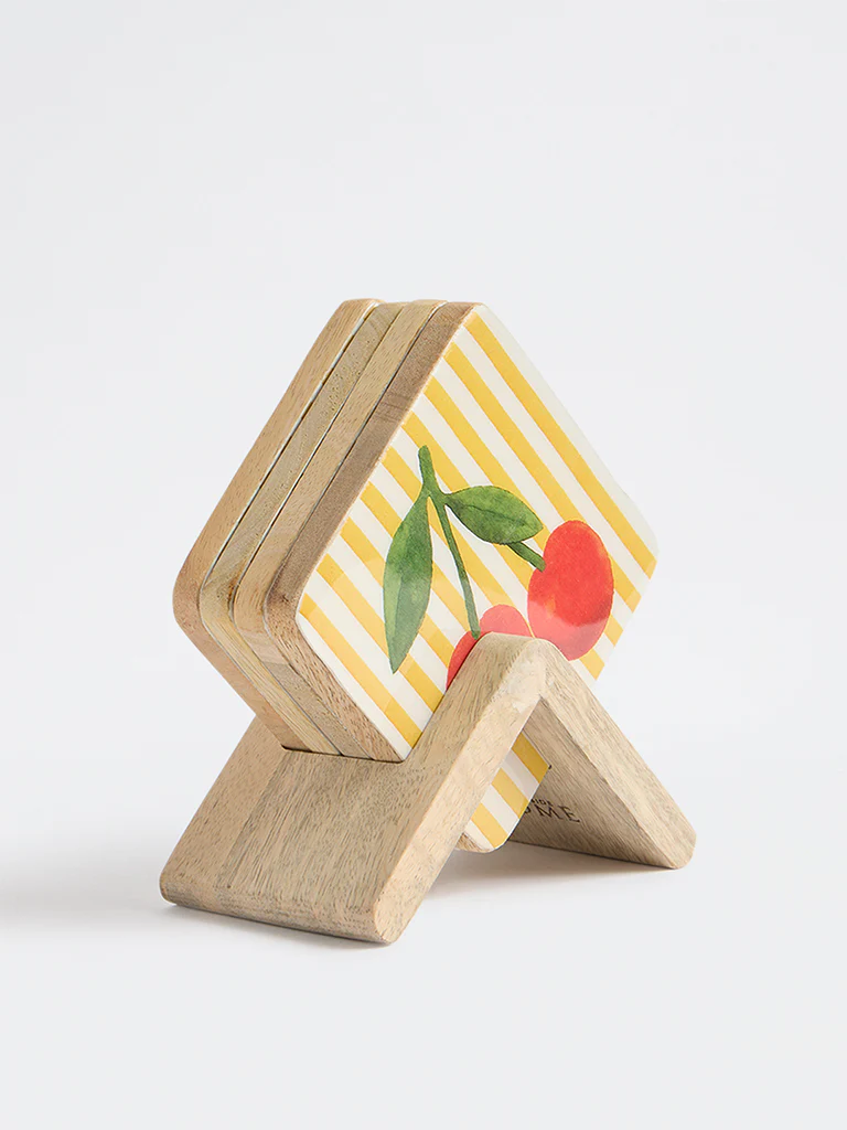 Westside Home Yellow and Red Cherry Printed Coasters with Stand - Set of 4 - Image 2