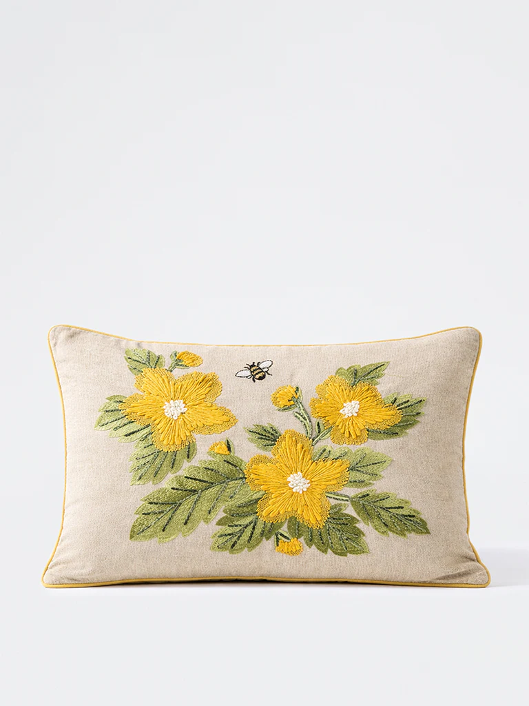 Westside Home Yellow Floral Embroidered Detailed Cushion Cover