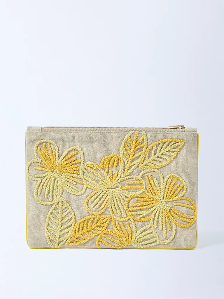 Westside Home Yellow Floral Embroidered Pouch