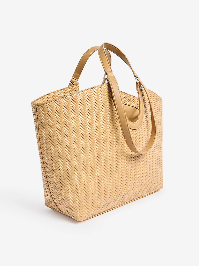 Westside Mustard Woven Textured Handbag with Pouch - Image 2