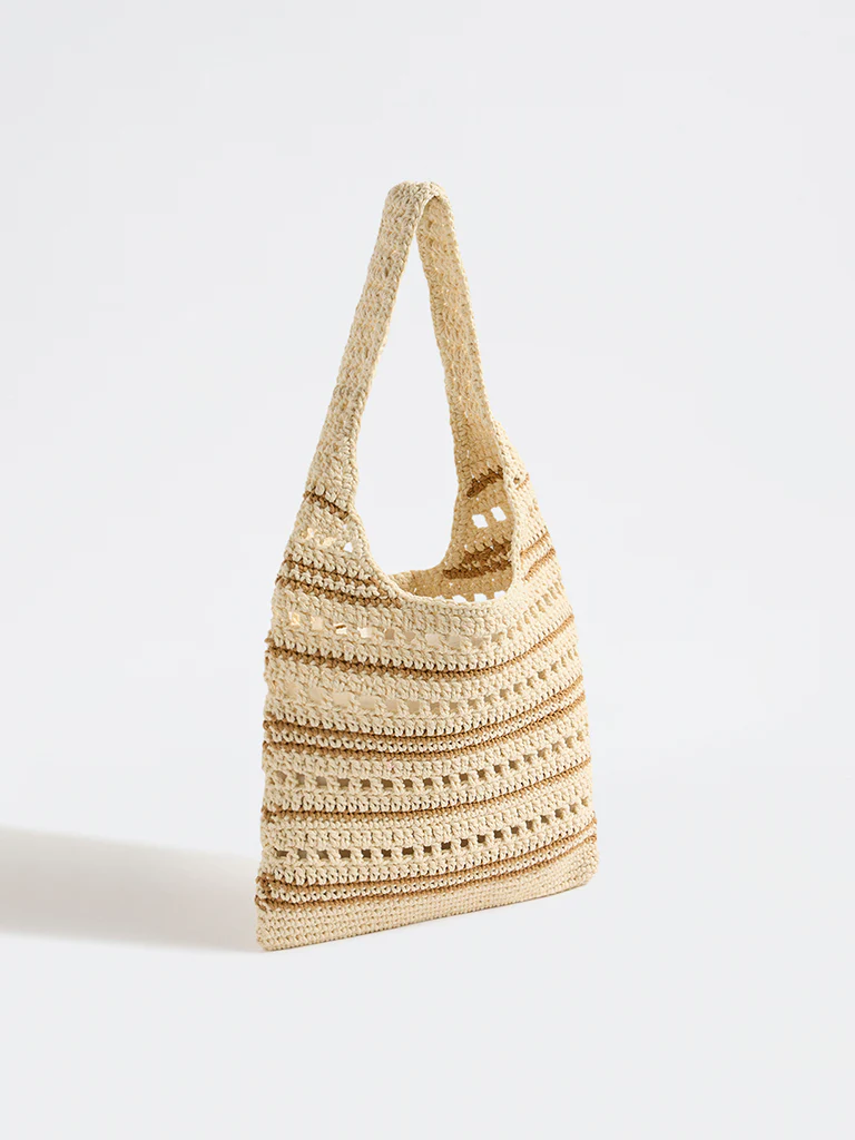 Westside Off-White and Brown Striped Crochet Design Tote Bag - Image 2