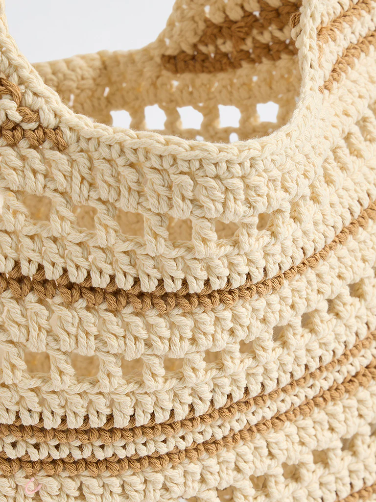 Westside Off-White and Brown Striped Crochet Design Tote Bag - Image 3
