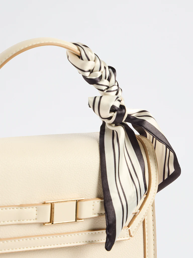 Westside Off-White Textured Satchel Bag with a Scarf - Image 3