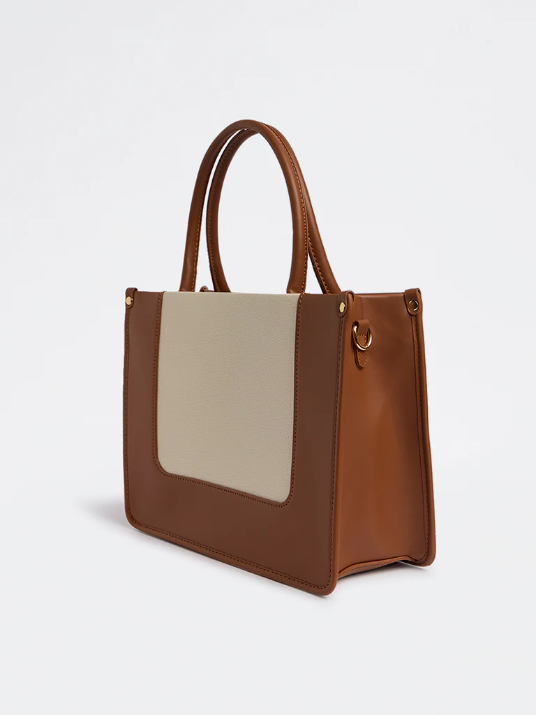 Westside Tan Colour-Blocked Tote Bag with Sling - Image 3