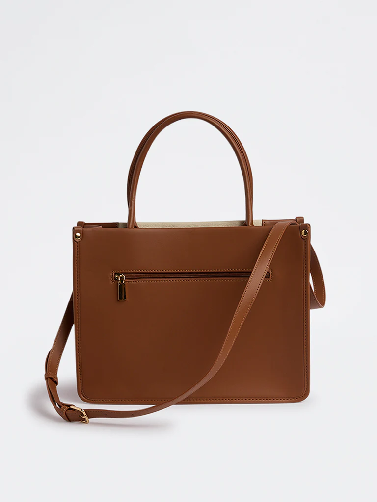 Westside Tan Colour-Blocked Tote Bag with Sling - Image 4